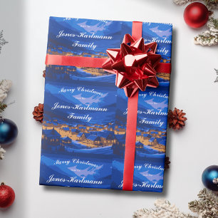 Blue Custom Winter Village Christmas Wrapping Paper