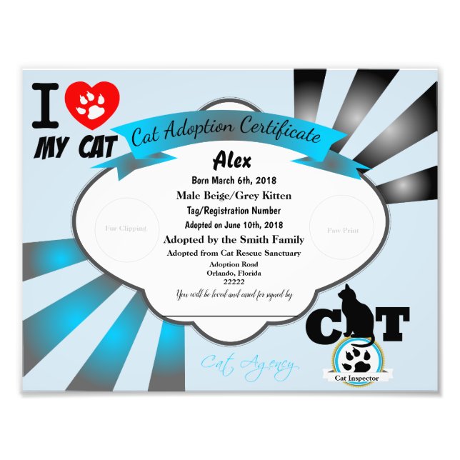 Blue Customizable Cat Adoption Certificate Photo Print (Front)