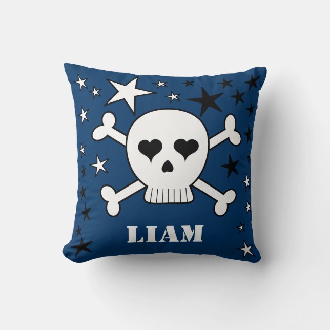 Blue Customizable Cute Crossbone Skull and Stars Throw Pillow (Front)
