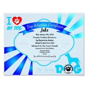 Blue Customizable Dog Adoption Certificate Photo Print