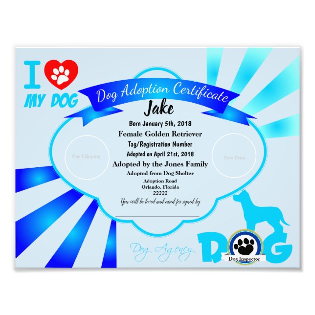 Blue Customizable Dog Adoption Certificate Photo Print (Front)