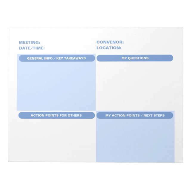 Blue Customizable Four Part MEETING NOTES Notepad (Front)