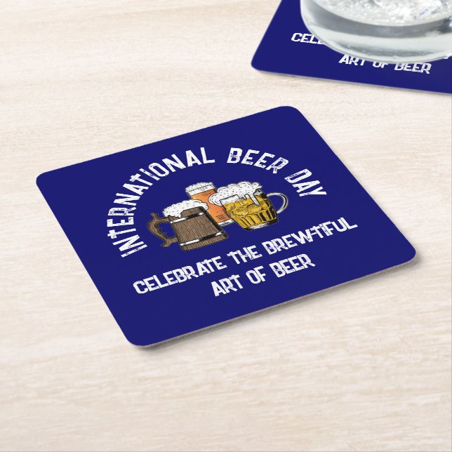 Blue Customizable International Beer Day Square Paper Coaster (Angled)
