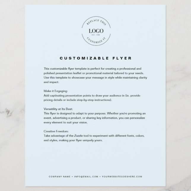 BLUE Customizable logo text contact info business Flyer (Front)