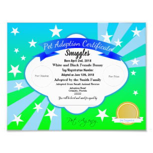 Blue Customizable Pet Adoption Certificate Photo Print