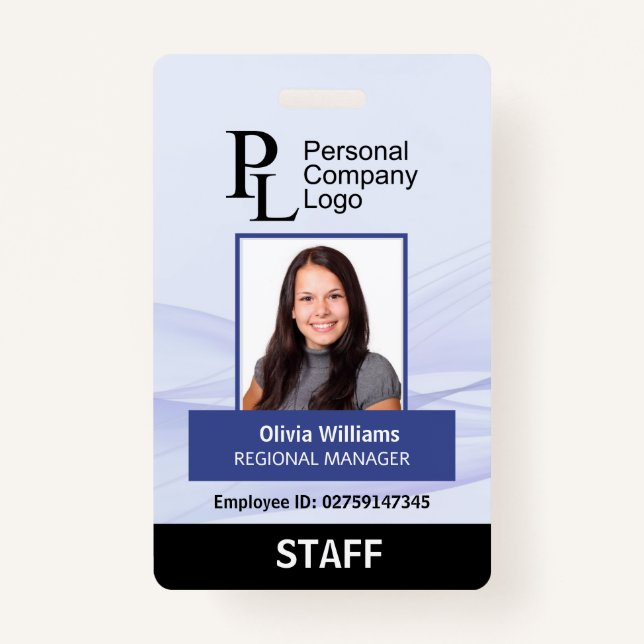 BLUE Customized Vertical Company Staff Photo ID Badge (Front)