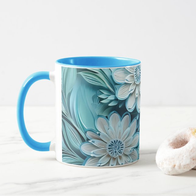 Blue Cut Paper Flowers Mug (With Donut)