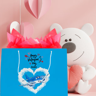 Blue Cute Airplane & Clouds, Kids Valentine's Day Large Gift Bag