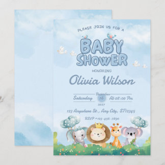 Blue Cute Animals Baby Shower Invitation