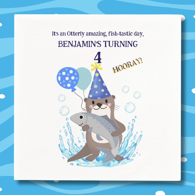 Blue Cute Boy Sea Otter Birthday Party Napkin (Creator Uploaded)