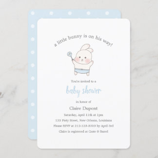 Blue Cute Bunny Watercolor Simple Boy Baby Shower Invitation