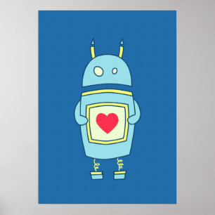 Blue Cute Clumsy Robot With Heart Poster