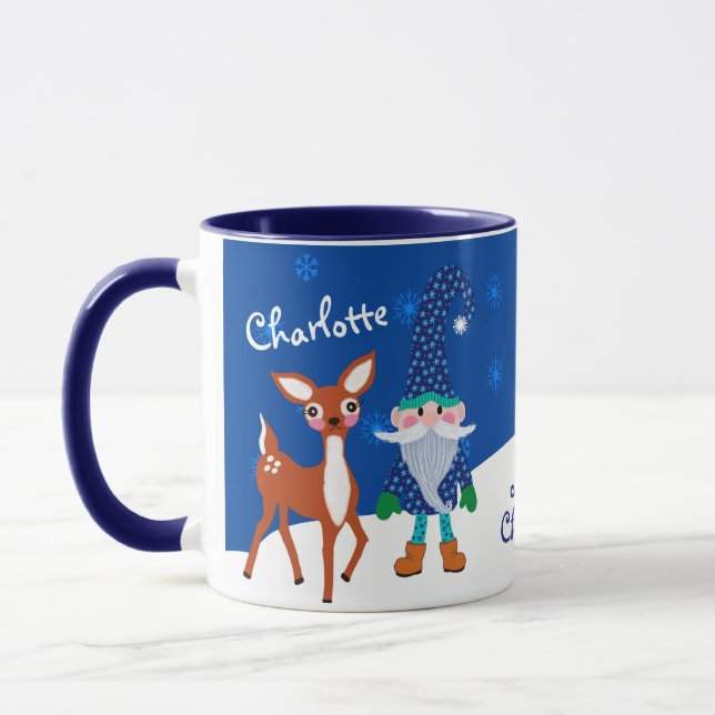 Blue Cute Deer and Gnome Personalized Christmas Mug (Left)