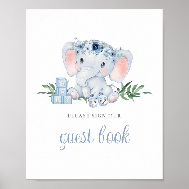 Blue Cute Elephant Baby Shower Guest Book Sign (Front)