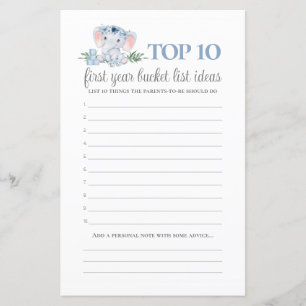 Blue Cute Elephant Bucket List Baby Shower Game