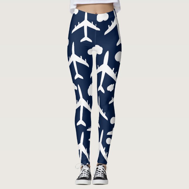 Blue cute flying airplanes aircraft pattern design leggings (Front)