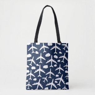 Blue cute flying airplanes aircraft pattern design tote bag