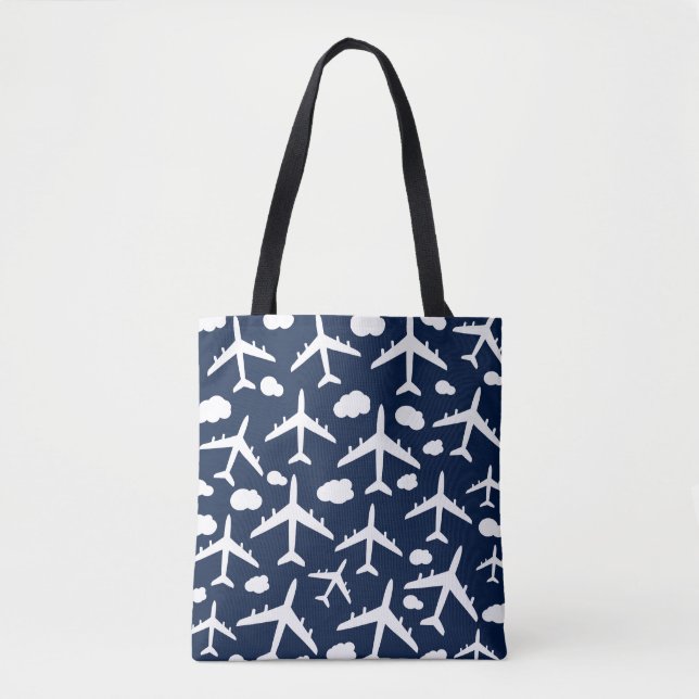 Blue cute flying airplanes aircraft pattern design tote bag (Front)