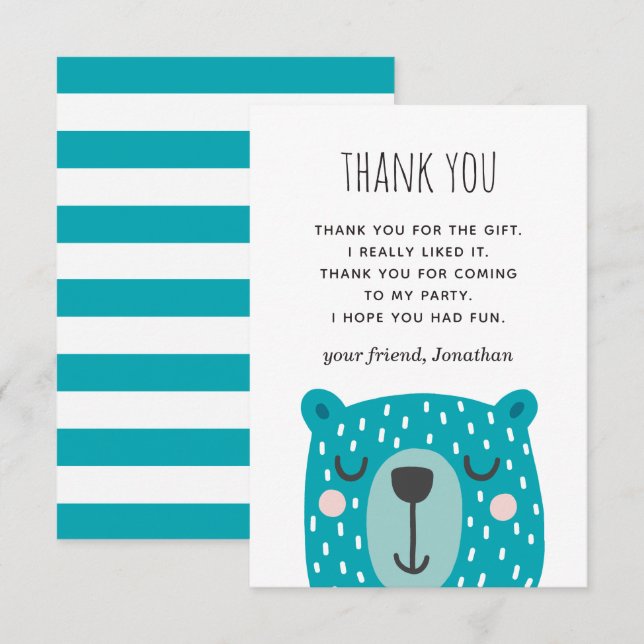 Blue cute funny bear. Animal kids boy birthday Thank You Card (Front/Back)