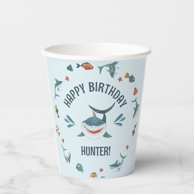 Blue Cute Funny Shark Birthday Party Paper Cups (Front)