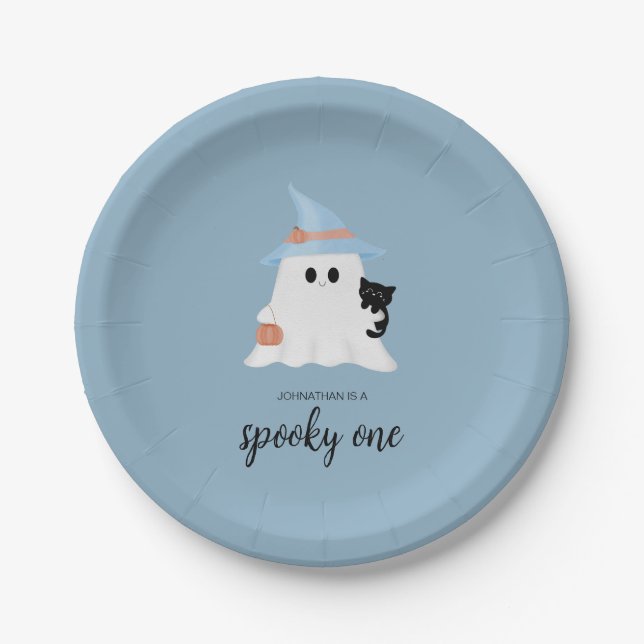 Blue Cute Ghost Halloween 1st Birthday Boy Paper Plate (Front)
