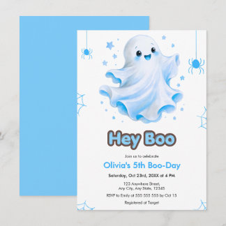 Blue Cute Ghost Hey Boo Halloween 5th Birthday Invitation