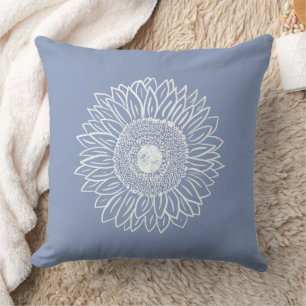 Blue Cute Graphic Sunflower Sketch Floral Throw Pillow