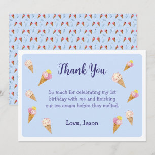 Blue Cute Ice Cream Cone Party Boy Birthday Thank You Card