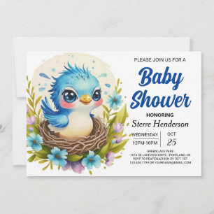 Blue Cute Into the Woods Bird Boy Baby Shower  Invitation