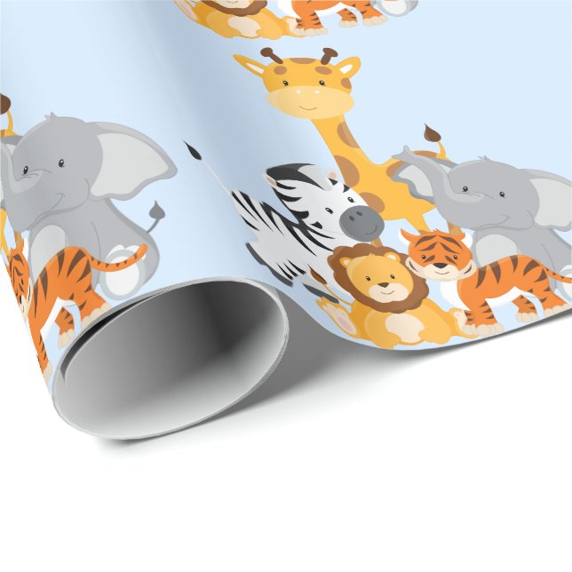 Blue Cute Jungle Baby Animal Wrapping Paper (Roll Corner)