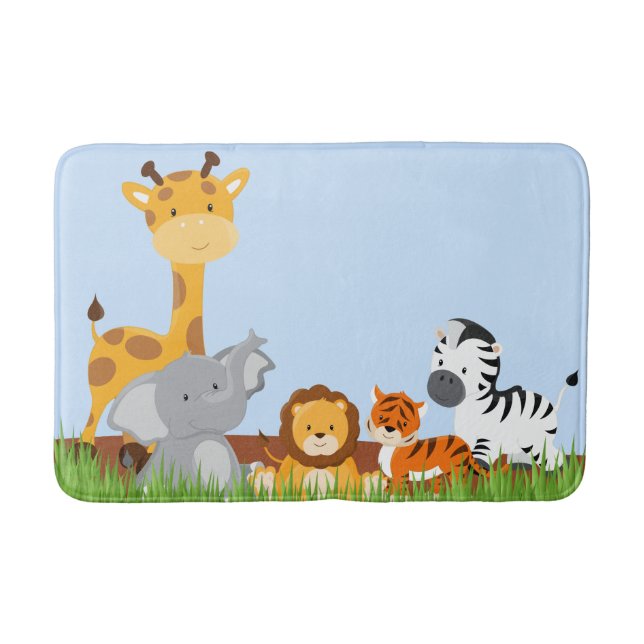 Blue Cute Jungle Baby Animals Bath Mat (Front)
