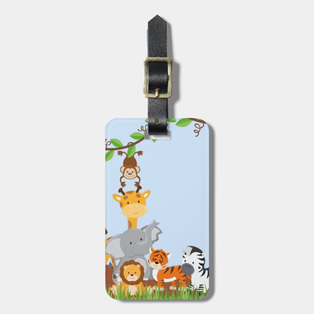 Blue Cute Jungle Baby Animals Luggage Tag (Front Vertical)