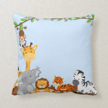 Blue Cute Jungle Baby Animals Pillow