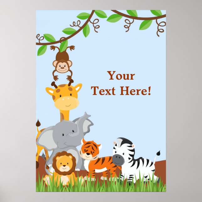 Blue Cute Jungle Baby Animals Poster (Front)