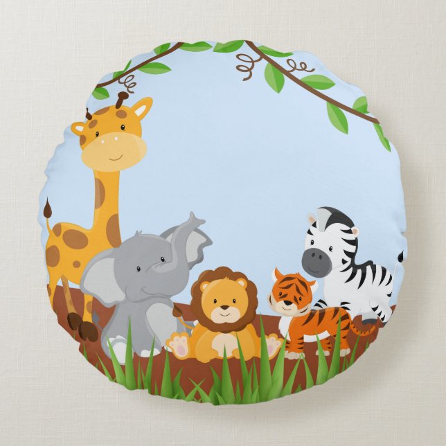 Blue Cute Jungle Baby Animals Round Pillow (Front)