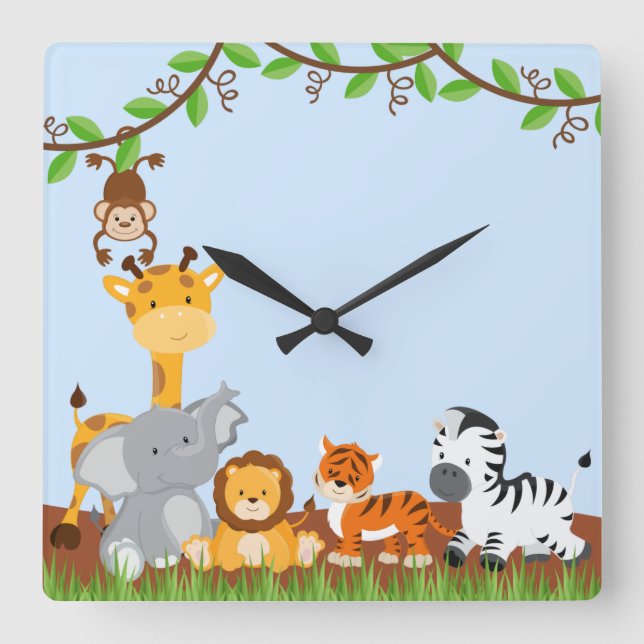 Blue Cute Jungle Baby Animals Wall Clocks (Front)
