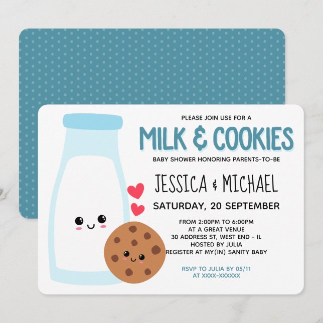 Blue Cute Kawaii Milk And Cookies Baby Shower Invitation (Front/Back)