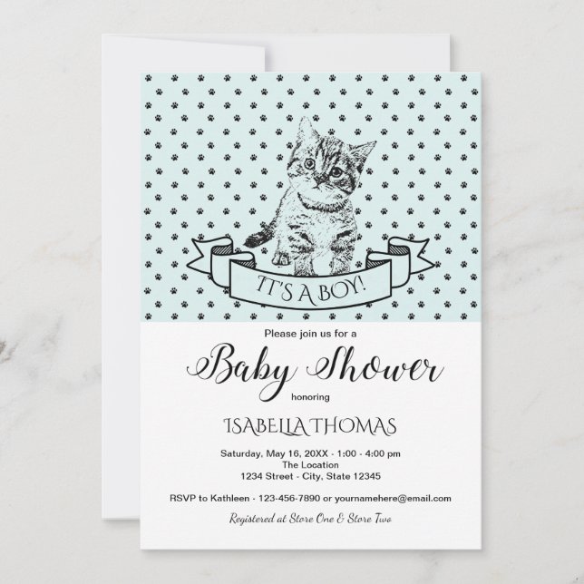 Blue Cute Kitten Baby shower Invitation (Devant)