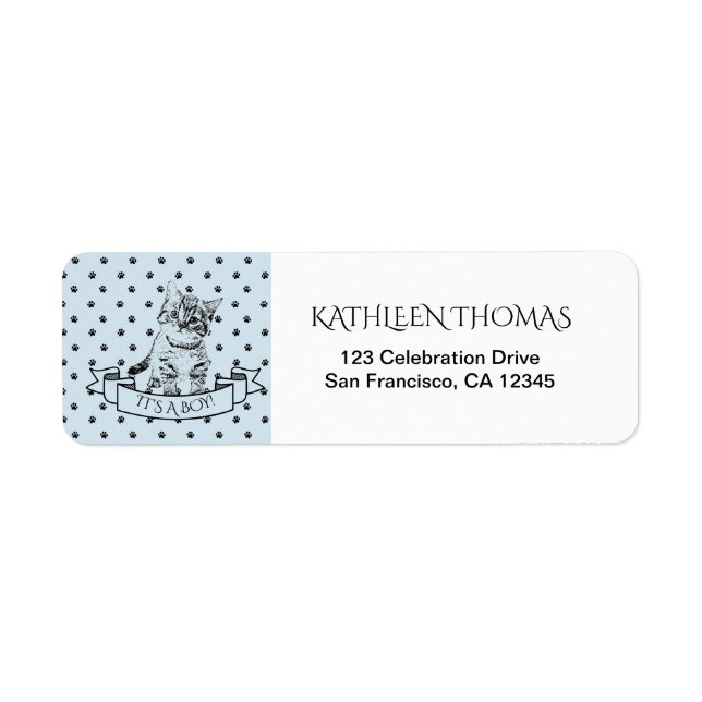 Blue Cute Kitten Baby Shower Return Address Label (Front)