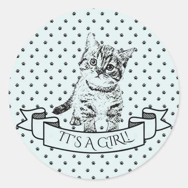 Blue Cute Kitten Cat  Baby Shower Classic Round Sticker (Front)