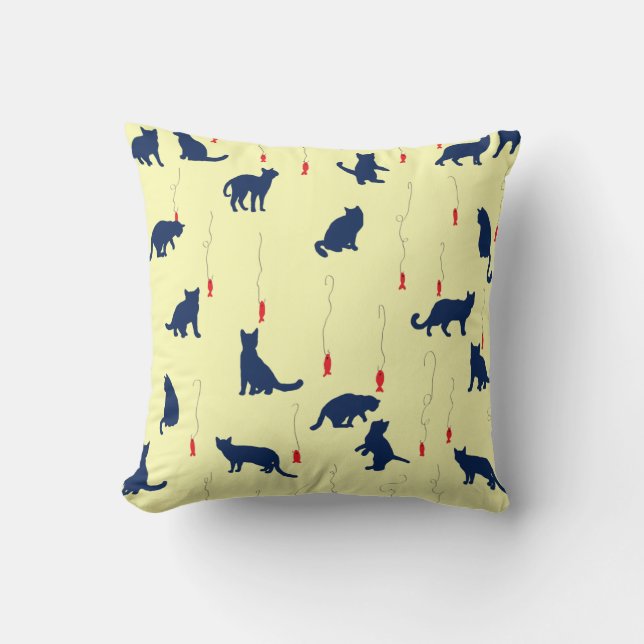 Blue cute kittens and red fishes throw pillow (Front)