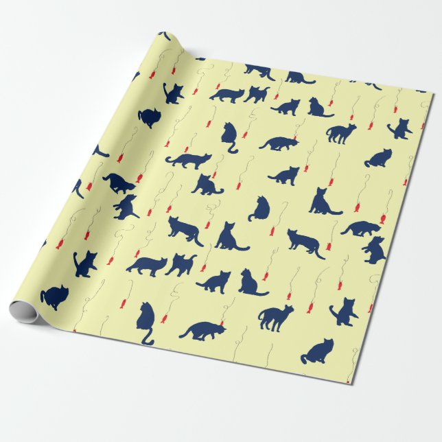 Blue cute kittens and red fishes wrapping paper (Unrolled)