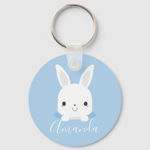 Blue Cute Little Bunny Rabbit with Custom Name Keychain