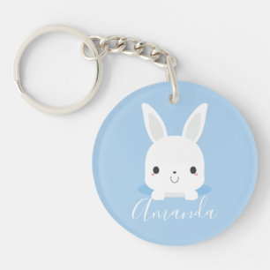 Blue Cute Little Bunny Rabbit with Custom Name Keychain