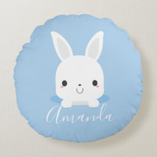 Blue Cute Little Bunny Rabbit with Custom Name Round Pillow