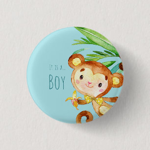 Blue Cute Monkey Baby Boy Announcement 2 1 Inch Round Button