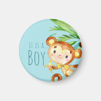 Blue Cute Monkey Baby Boy Announcement 2 Magnet