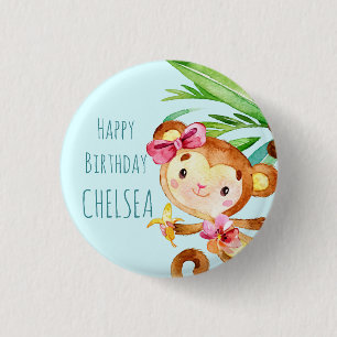 Blue Cute Monkey Personalized Happy Birthday 1 Inch Round Button