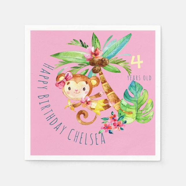 Blue Cute Monkey Personalized Happy Birthday Napkin (Front)