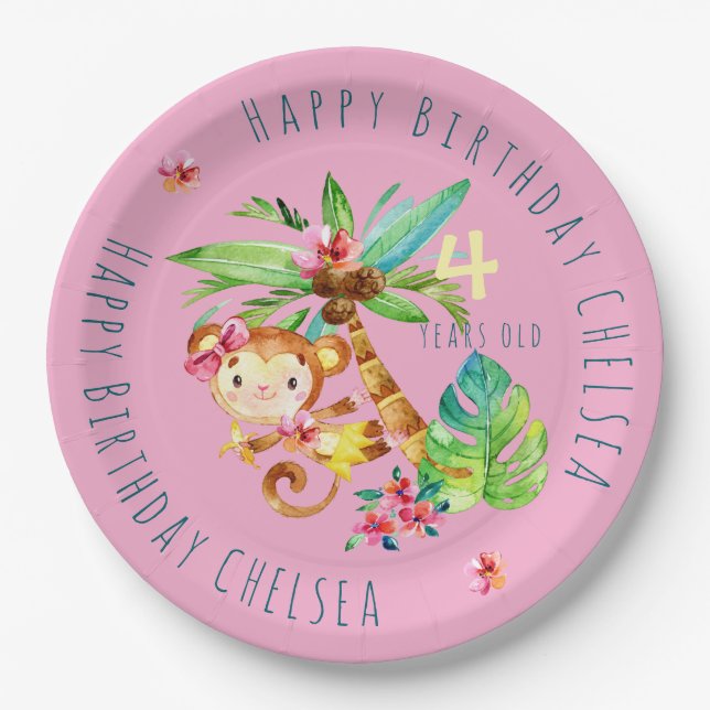Blue Cute Monkey Personalized Happy Birthday Paper Plate (Front)